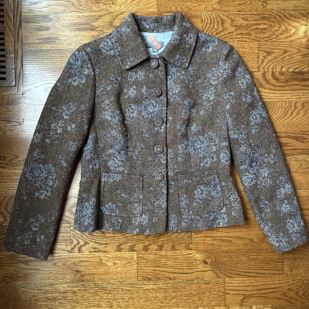 Ann Taylor Womens Blazer 6 Petite Brown Wool Blend Floral Casual Workwear Jacket